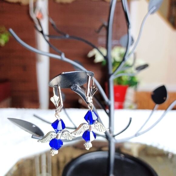 BLUE BEADED Angel Silver Dangle Earrings Handmade - Picture 4 of 5